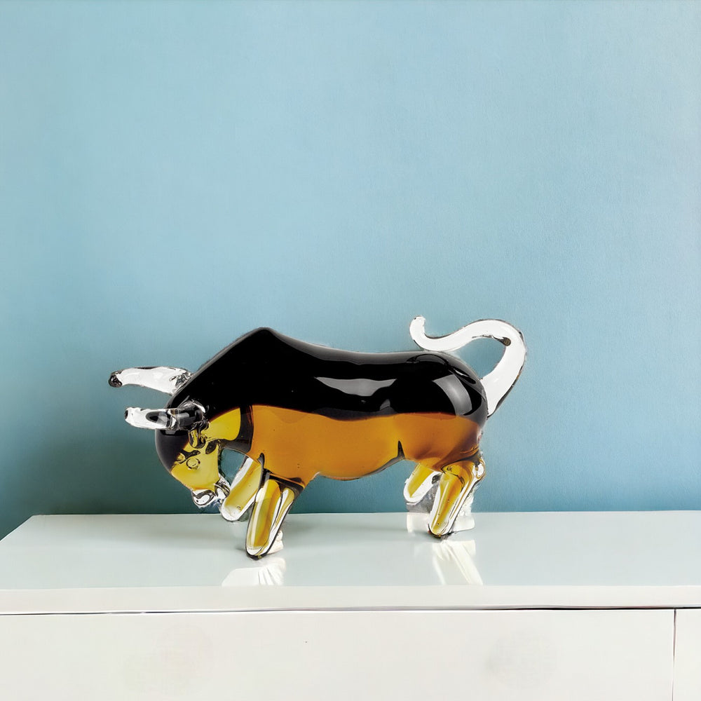 Homeroots 5" Clear Brown And Black Murano Glass Bull Figurine Tabletop Sculpture  Murano Glass 376106