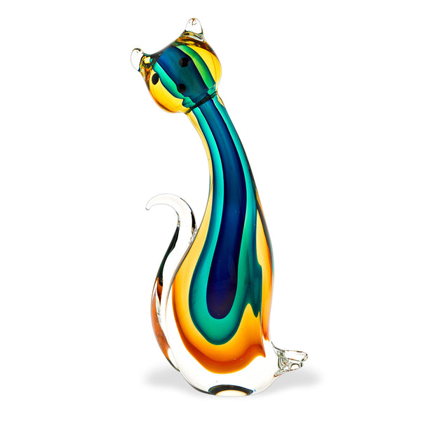 Homeroots 12" Clear Yellow Green Black Murano Glass Cat Figurine Tabletop Sculpture  Murano Glass 376110