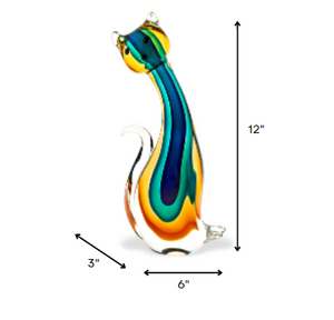 Homeroots 12" Clear Yellow Green Black Murano Glass Cat Figurine Tabletop Sculpture  Murano Glass 376110