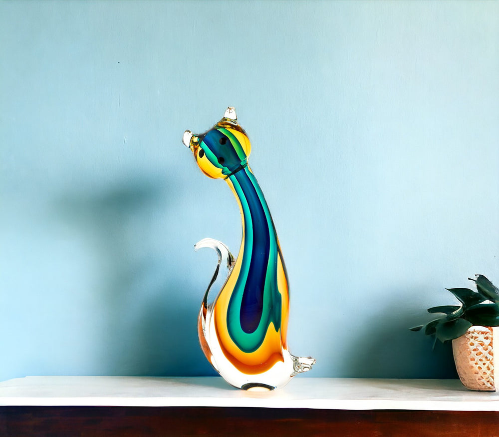 Homeroots 12" Clear Yellow Green Black Murano Glass Cat Figurine Tabletop Sculpture  Murano Glass 376110