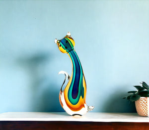 Homeroots 12" Clear Yellow Green Black Murano Glass Cat Figurine Tabletop Sculpture  Murano Glass 376110