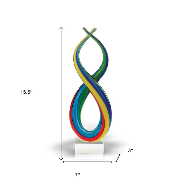 Homeroots 16" Clear Red Blue Yellow Murano Glass Modern Abstract Tabletop Sculpture  Murano Glass 376112