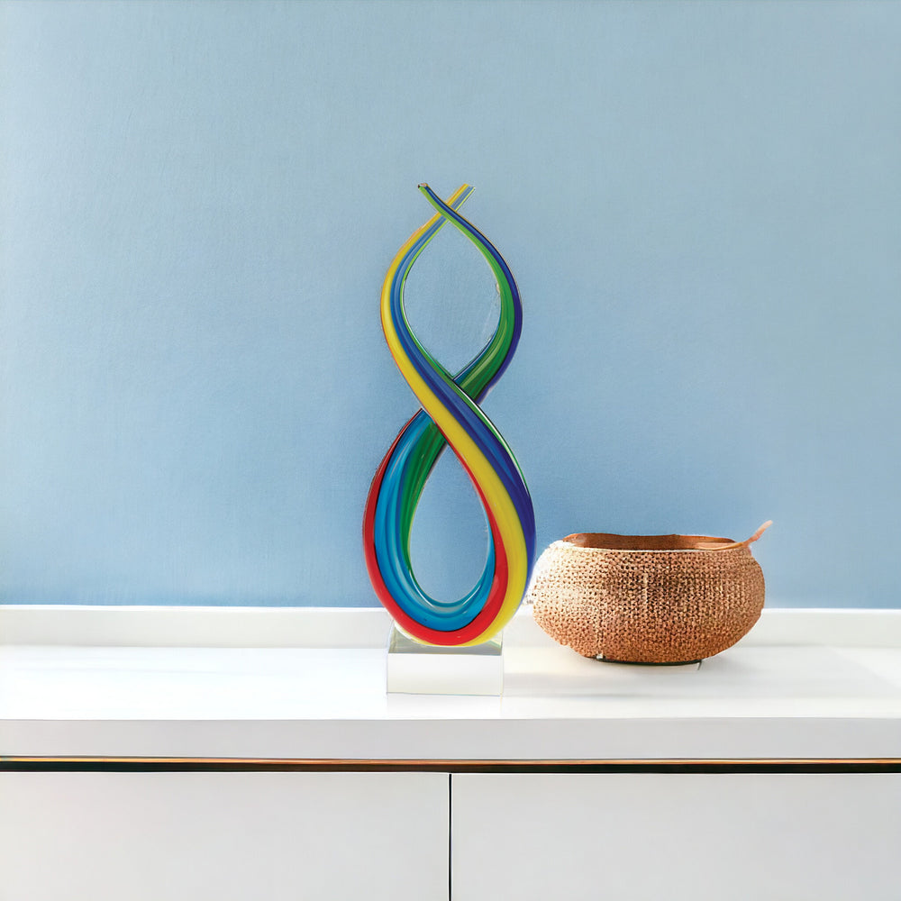 Homeroots 16" Clear Red Blue Yellow Murano Glass Modern Abstract Tabletop Sculpture  Murano Glass 376112