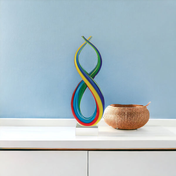 Homeroots 16" Clear Red Blue Yellow Murano Glass Modern Abstract Tabletop Sculpture  Murano Glass 376112