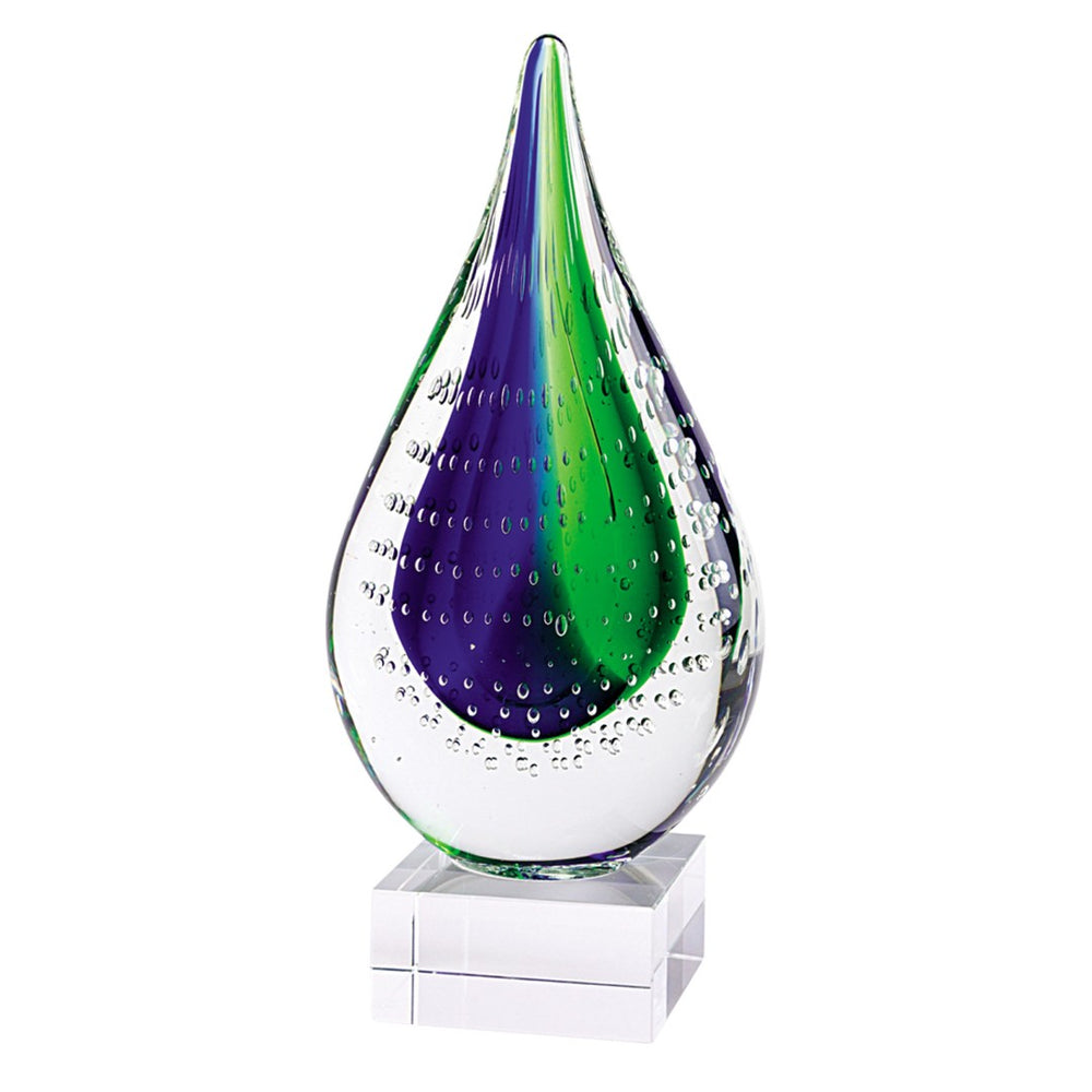 HomeRoots 11" Murano Glass Teardrop Sculpture in Clear Blue and Green - Modern Art for Elegant Décor 376115