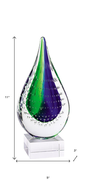 HomeRoots 11" Murano Glass Teardrop Sculpture in Clear Blue and Green - Modern Art for Elegant Décor 376115