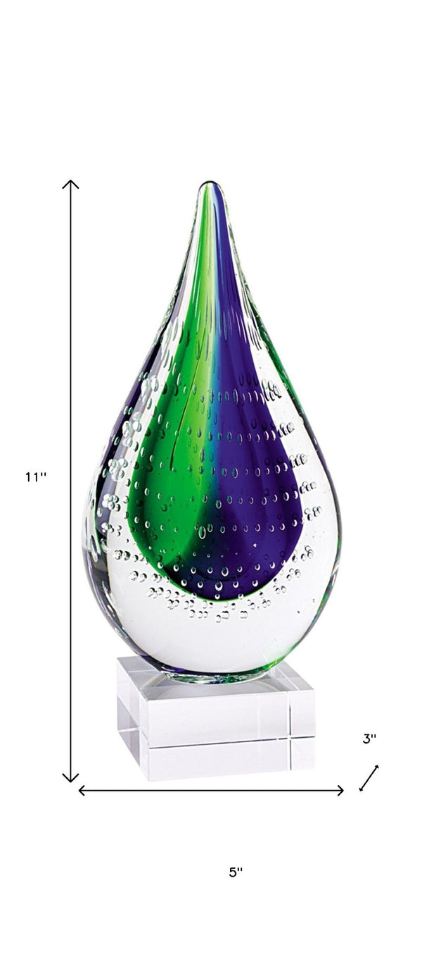 HomeRoots 11" Murano Glass Teardrop Sculpture in Clear Blue and Green - Modern Art for Elegant Décor 376115