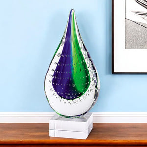 HomeRoots 11" Murano Glass Teardrop Sculpture in Clear Blue and Green - Modern Art for Elegant Décor 376115