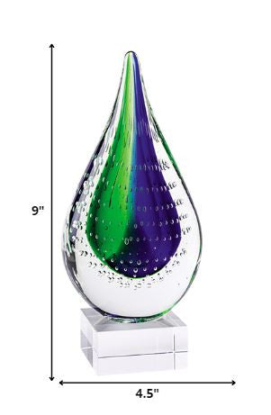Homeroots 9" Clear Blue And Green Murano Glass Modern Abstract Tabletop Sculpture  Murano Glass 376116
