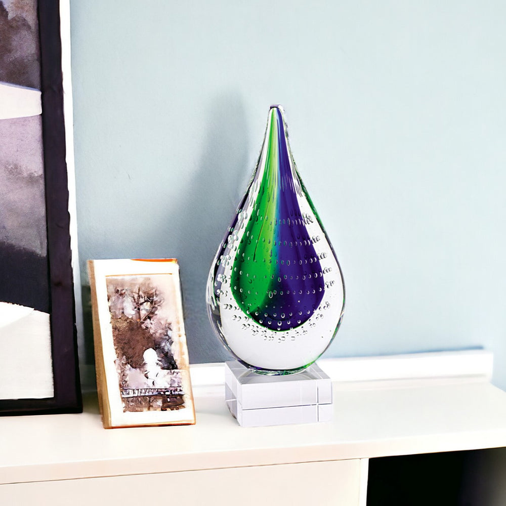 Homeroots 9" Clear Blue And Green Murano Glass Modern Abstract Tabletop Sculpture  Murano Glass 376116