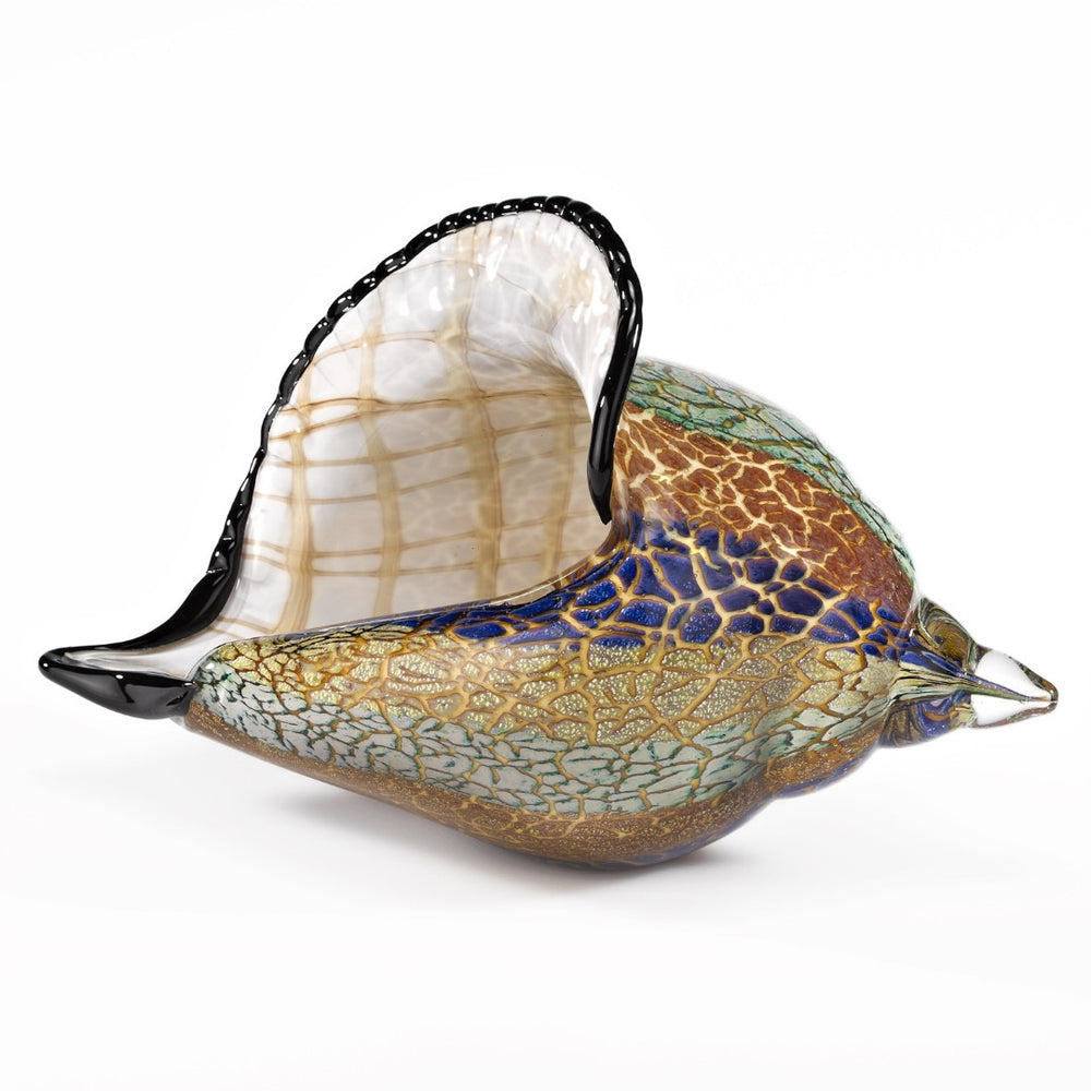 HomeRoots 10" Murano Glass Conch Shell Sculpture - Coastal Elegance in Gold Blue Green White for Home Décor 376117