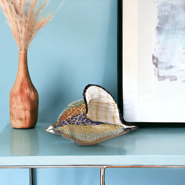 Homeroots 10" Gold Blue Green White Murano Glass Conch Shell Tabletop Sculpture  Murano Glass 376117