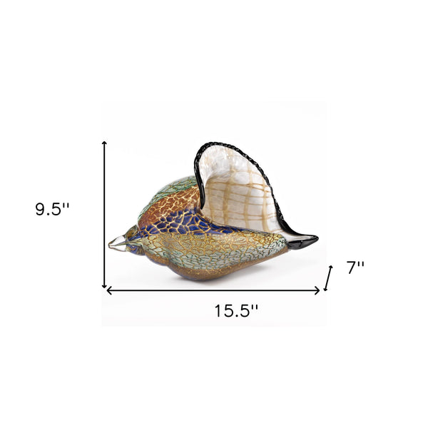 Homeroots 10" Gold Blue Green White Murano Glass Conch Shell Tabletop Sculpture  Murano Glass 376117