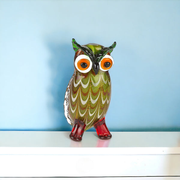 Homeroots 9" Green And White Murano Glass Owl Figurine Tabletop Sculpture  Murano Glass 376119