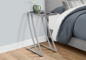 English Elm Accent C-Shaped End Table with Z-Base, Tempered Glass Top, Sturdy Metal Frame, Modern Versatility for Living Spaces Silver 29 L x 15 W x 5 H B2710P219185