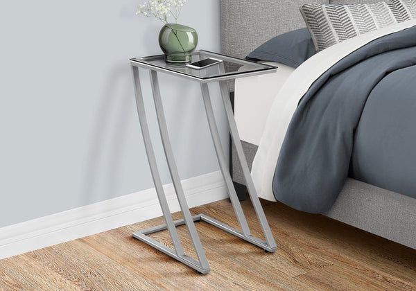English Elm Accent C-Shaped End Table with Z-Base, Tempered Glass Top, Sturdy Metal Frame, Modern Versatility for Living Spaces Silver 29 L x 15 W x 5 H B2710P219185