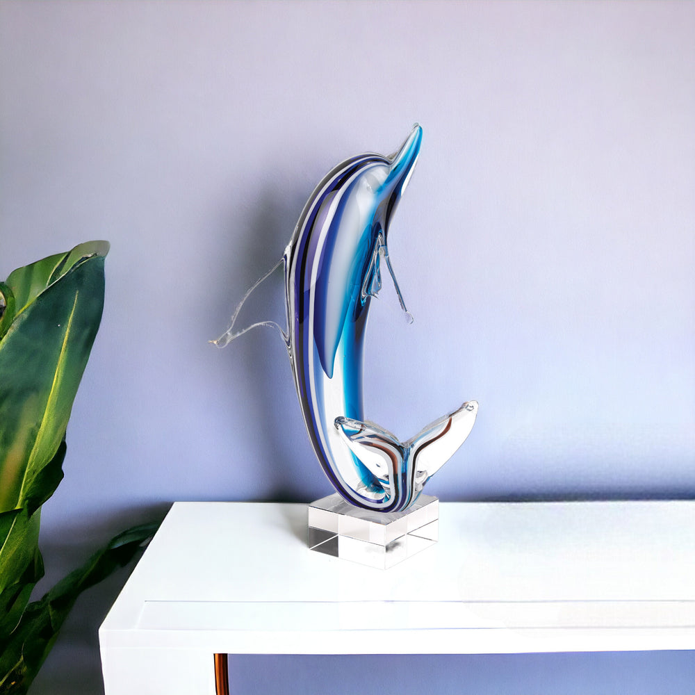 Homeroots 14" Blue Murano Glass Dolphin Figurine Tabletop Sculpture  Murano Glass 376128