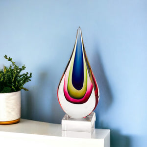 Homeroots 12" Clear Red Blue Yellow Murano Glass Modern Abstract Tabletop Sculpture  Murano Glass 376135