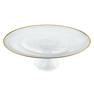 Homeroots Handcrafted Optical Glass And White Gold Footed Cakestand With Gold Rim   376163