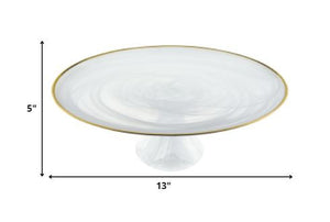 Homeroots Handcrafted Optical Glass And White Gold Footed Cakestand With Gold Rim   376163