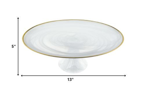 Homeroots Handcrafted Optical Glass And White Gold Footed Cakestand With Gold Rim   376163