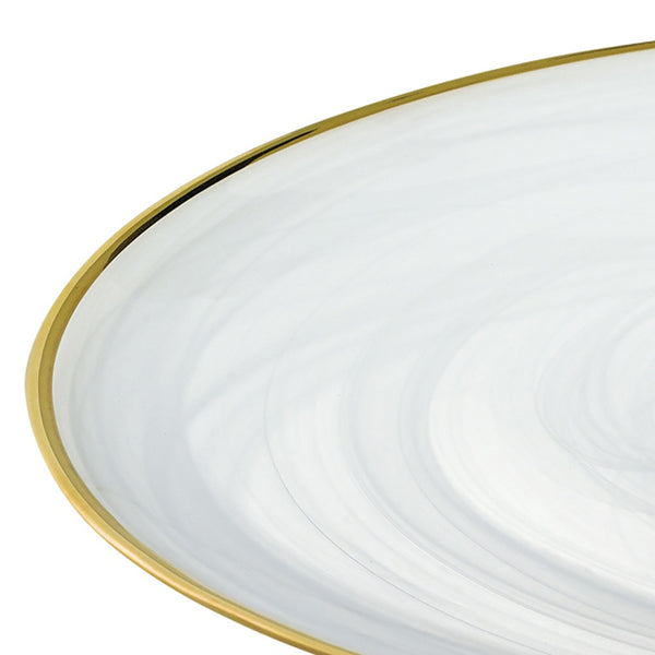 Homeroots Handcrafted Optical Glass And White Gold Footed Cakestand With Gold Rim   376163