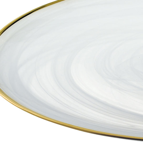 Homeroots Handcrafted Optical Glass And White Gold Footed Cakestand With Gold Rim   376163