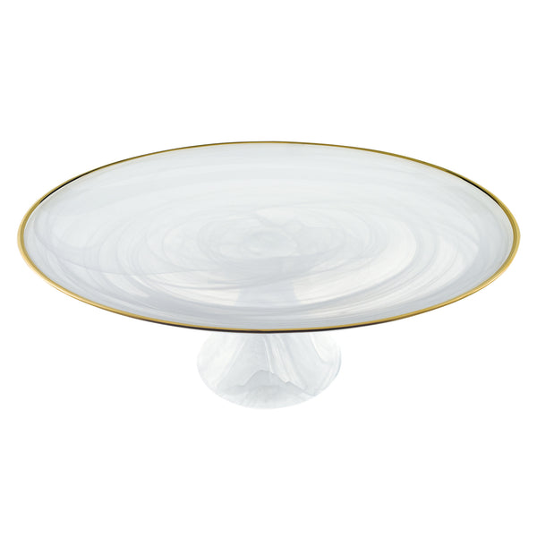 Homeroots Handcrafted Optical Glass And White Gold Footed Cakestand With Gold Rim   376163