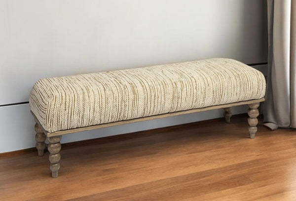 Homeroots 55" Cream And Wood Brown Upholstered Fabric Bench  Solid Wood 376176