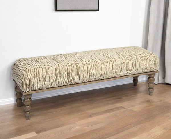 HomeRoots 55" Cream Upholstered Bench with Wood Brown Frame - Stylish Storage Seating for Entryways & More 376176