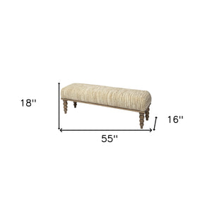 Homeroots 55" Cream And Wood Brown Upholstered Fabric Bench  Solid Wood 376176
