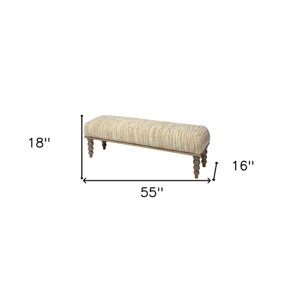 Homeroots 55" Cream And Wood Brown Upholstered Fabric Bench  Solid Wood 376176