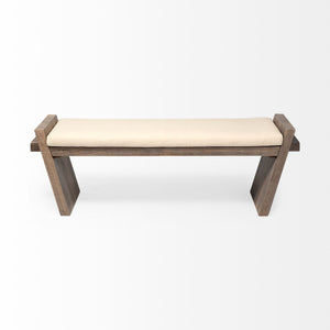 Homeroots 14" Cream And Brown Upholstered Linen Blend Bench  Solid Wood 376177