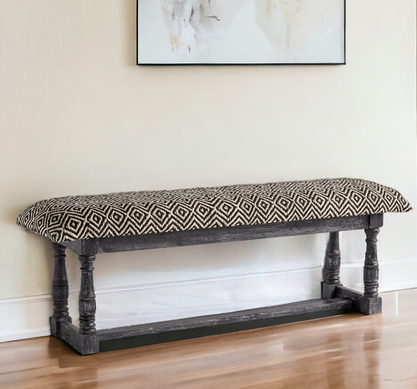 Homeroots 56" Black And White And Gray Upholstered Cotton Blend Trellis Bench  Manufactured Wood 376178