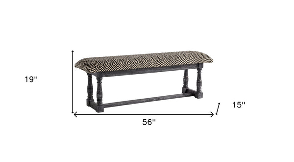 Homeroots 56" Black And White And Gray Upholstered Cotton Blend Trellis Bench  Manufactured Wood 376178