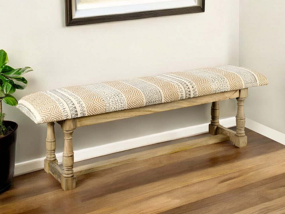 Homeroots 59" Beige Orange And Brown Geometric Upholstered Jute Accent Bench   376180