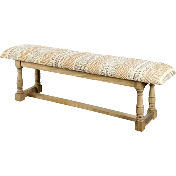 Homeroots 59" Beige Orange And Brown Geometric Upholstered Jute Accent Bench   376180