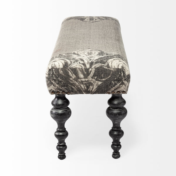 Homeroots 55" Gray And Black Upholstered Cotton Blend Floral Distressed Bench  Manufactured Wood 376181