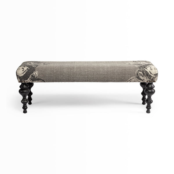 Homeroots 55" Gray And Black Upholstered Cotton Blend Floral Distressed Bench  Manufactured Wood 376181