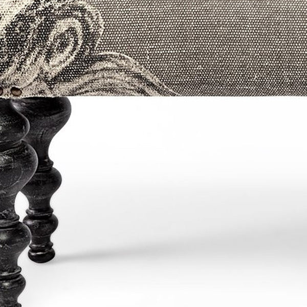Homeroots 55" Gray And Black Upholstered Cotton Blend Floral Distressed Bench  Manufactured Wood 376181