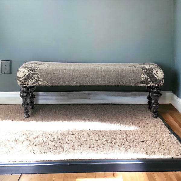 Homeroots 55" Gray And Black Upholstered Cotton Blend Floral Distressed Bench  Manufactured Wood 376181