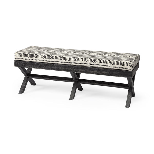 Homeroots 16" Gray And White And Black Upholstered Cotton Blend Bench  Solid Wood 376182