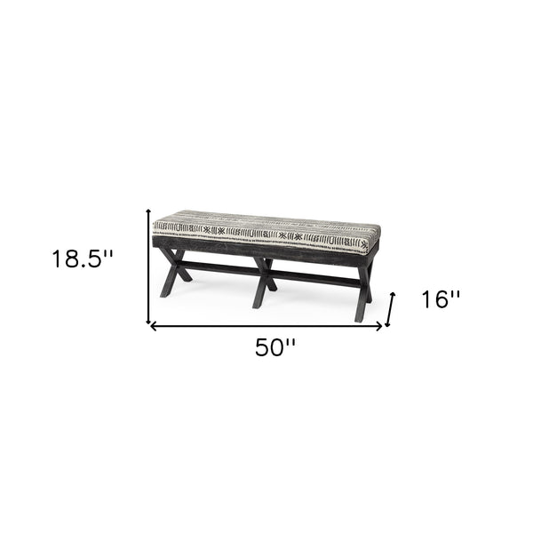 Homeroots 16" Gray And White And Black Upholstered Cotton Blend Bench  Solid Wood 376182
