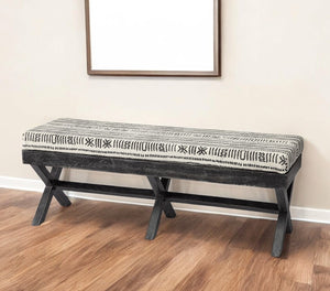 Homeroots 16" Gray And White And Black Upholstered Cotton Blend Bench  Solid Wood 376182