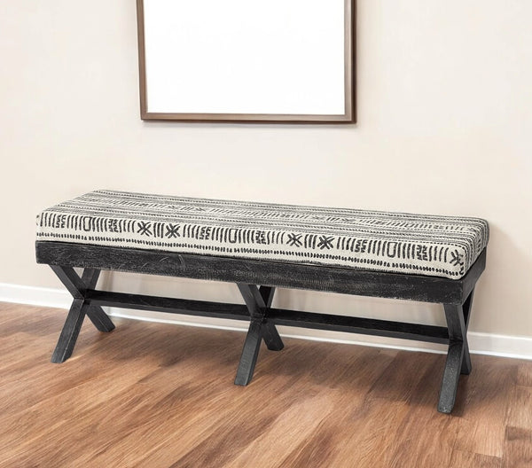 Homeroots 16" Gray And White And Black Upholstered Cotton Blend Bench  Solid Wood 376182