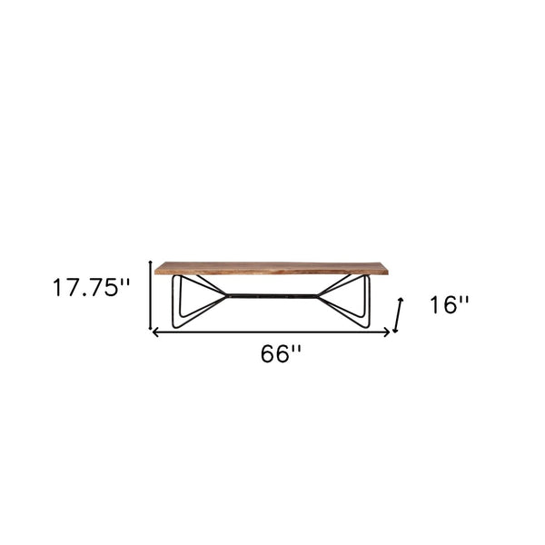 HomeRoots 66" Rustic Live Edge Solid Wood Dining Bench with Distressed Finish & Metal Frame for Versatile Use 376183