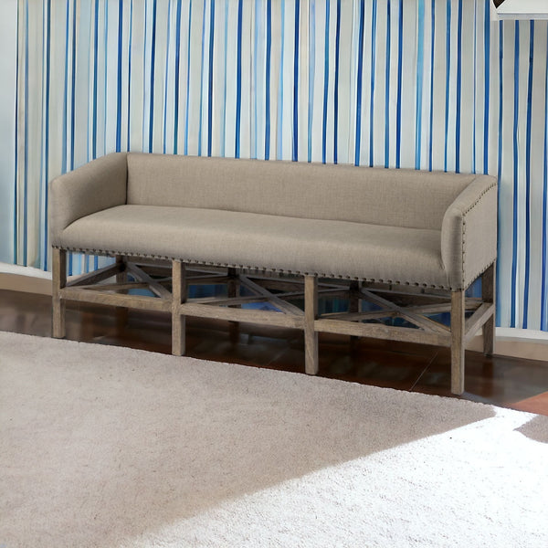 Homeroots 19" Beige And Brown Upholstered Cotton Blend Bench  Solid Wood 376184