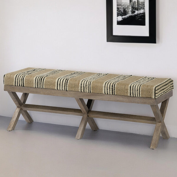 Homeroots 16" Beige And Brown Upholstered Cotton Blend Bench  Solid Wood 376185