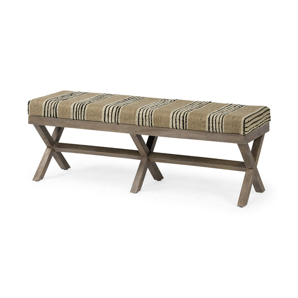 Homeroots 16" Beige And Brown Upholstered Cotton Blend Bench  Solid Wood 376185