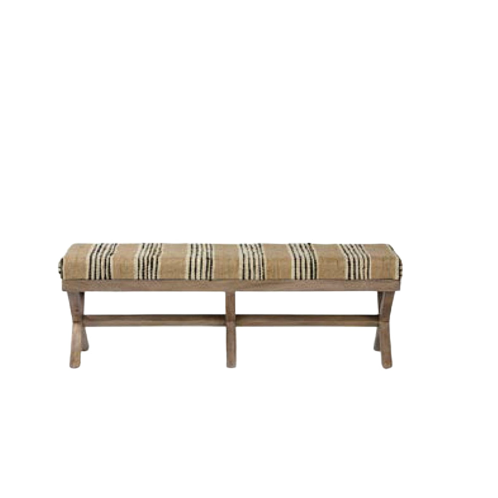 Homeroots 16" Beige And Brown Upholstered Cotton Blend Bench  Solid Wood 376185